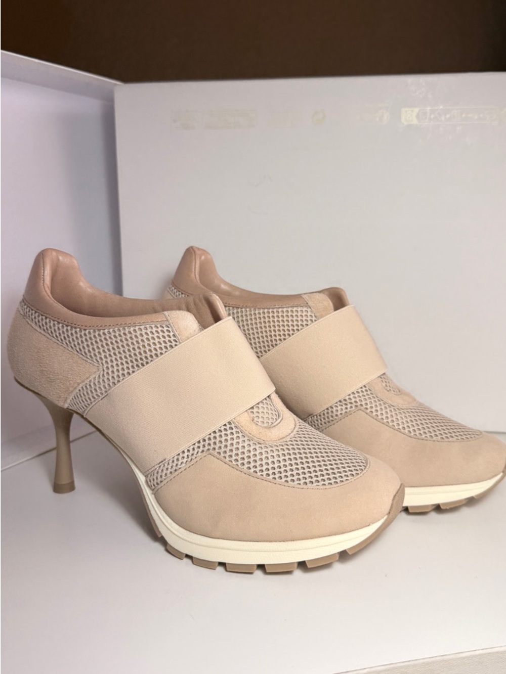 Beige Mesh Elastic Strap Heeled Sneakers